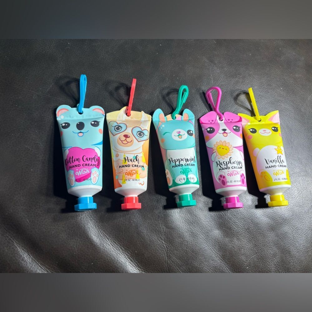 5 New Wish Scented Hand Cream Set NWT Peach Cotton Candy Peppermint Vanilla Rasp